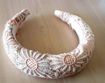 Padded headband in silver/ gold/ peach guipure lace, wedding guest headdress, bride's headband, made in the UK.