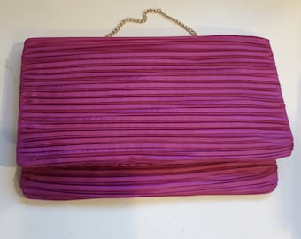 Special Occasion handbag clutch purse in fortuny pleated silk with chain handle carry strap, matches StarDesignsShop magenta mini-hat.