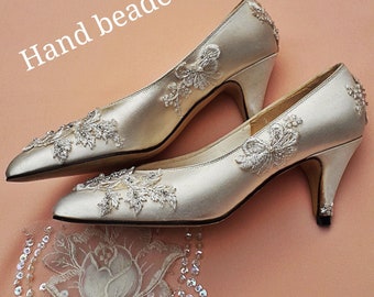 Bridal Wedding Shoes Soft White or Ivory Satin Hand Beaded Lace Embroidery Medium Heeled Elegant Classic Court shoe for the Bride