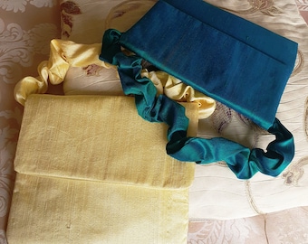 Special Occasion pure silk handbag clutch purse  with ruched handle carry strap for parties and weddings , many colours handmade in the UK