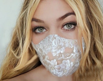 Lace face mask for weddings ,glamorous white or ivory lace mask with pearls on skin toned lining,washable,drip dry