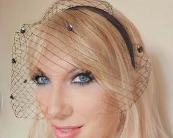 Face Veil on a band, open mesh 'birdcage' veiling sequin dotted for formal occasions, non-slip and in many colours, hand made in the UK.