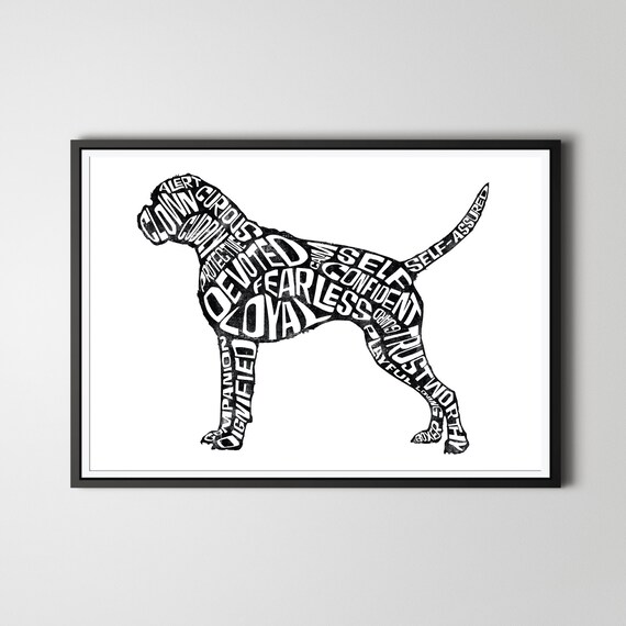 Boxer Dog Art Cool Black And White Word Art Print Featuring Etsy
