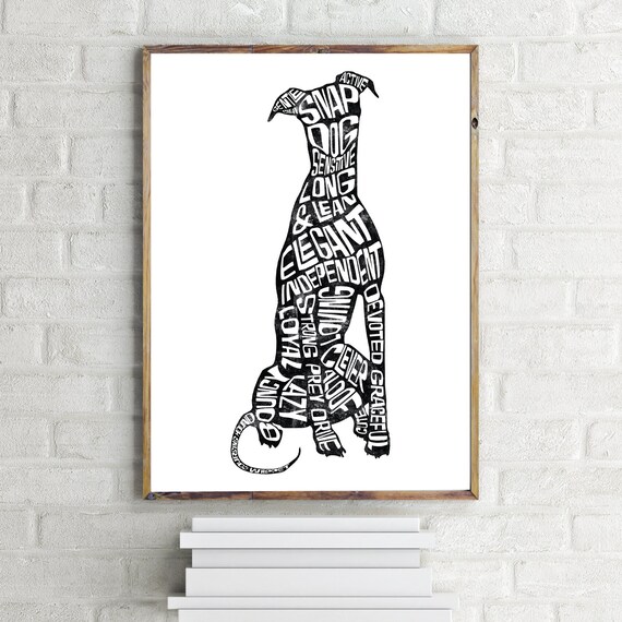 Whippet Art Cool Black And White Word Art Print Featuring Etsy