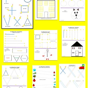 以下が含まれることがあります： 就学前の子供たちが書く前の練習をするための、印刷可能なワークシート10枚セット。ワークシートには、円、正方形、三角形、水平線、垂直線など、さまざまな形、線、パターンが描かれています。ワークシートは、子供の細かい運動能力を伸ばし、書く準備をするために作られています。
