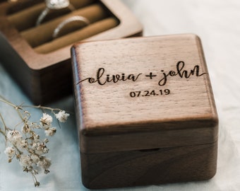 Personalized Ring Box - Wedding Ring Bearer Box - Engagement Ring Box - Square Double Ring Box - Engraved