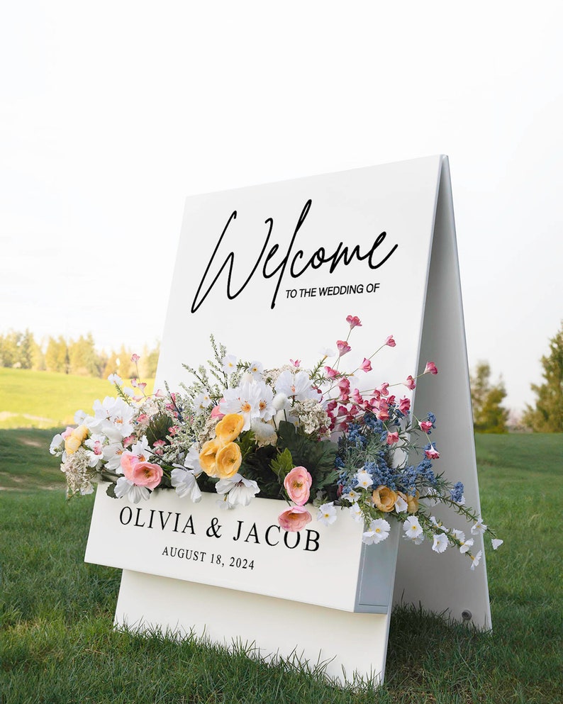 Letrero de bienvenida con caja de flores - Letrero de bienvenida para bodas - Decoración personalizada #FBS02 imagen 2