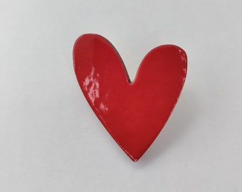 Brooch heart, red wooden brooch