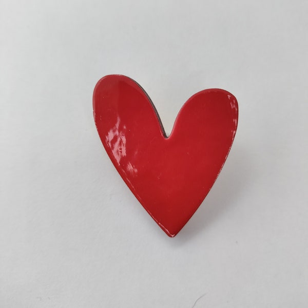 Brooch heart, red wooden brooch