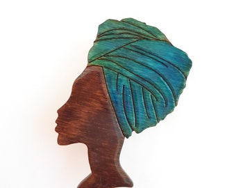 Black queen brooch, african woman with headwrap, handmade wooden brooch, perfect gift for africalovers