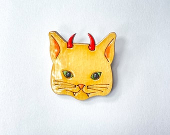 Broche chat diable, broche chat en bois avec cornes