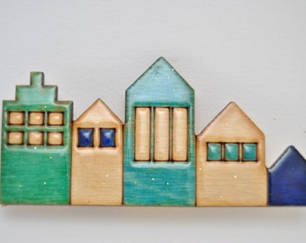 Brooch Amsterdam, handmade brooch, brooch of houses, artwork, blue brooch