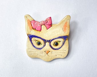 Broche gato con gafas y lazo, broche gato blanco