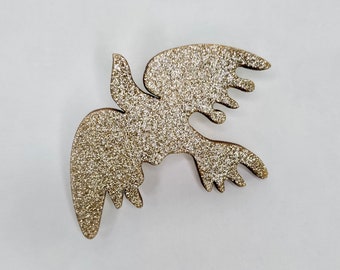 Broche gouden vogel, gouden houten broche vrede vogel