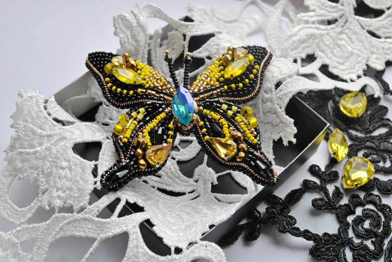 Black yellow beaded butterfly brooch Statement insect brooch Etsy