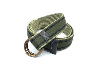 Green and Black Striped Canvas Belt with D Ring - Unisex