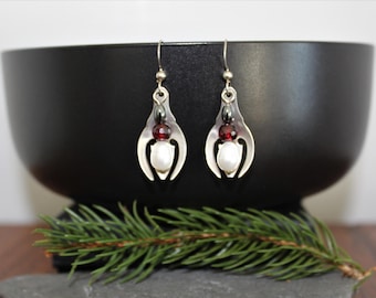 earrings made from repurposed vintage sterling silver with garnet, hematite and pearl beads