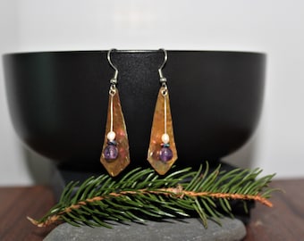 handmade hammered copper earrings with amethyst, pearl and hematite beads