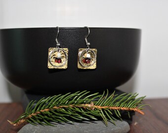 brass and stainless steel earrings with garnet, hematite and mother of pearl beads