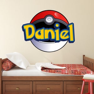 Aangepaste naam muursticker game, geïnspireerde pokeball sticker sticker muur muurschildering, game kinderkamer, sticker poster muurschildering slaapkamer muur decor cadeau