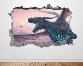 Dragon Wall Decal Smashed 3D Graphic Dragons Fantasy Creature Wall Sticker Art Mural Poster Custom Vinyl Home Room Decor Gift