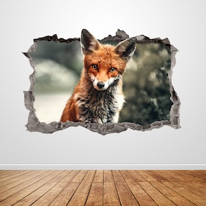 Fox Wall Decal Smashed 3D Graphic Woodland Animal Wall Sticker Art Mural Poster Custom Vinyl Home Room Decor Gift