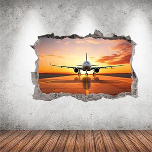 Landing Airplane Wall Decal 3D Airline Graphic Wall Art Sticker, Wall Decor, Sunset Airplane Wall Sticker Mural Poster Bedroom Decor Mural