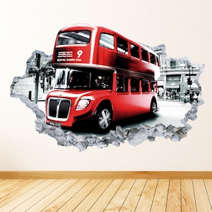 London Bus Smashed 3D Wall Decal London City Transportation Wall Art Vinyl Decor Sticker