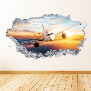 Airplane Wall Decal Smashed Concrete Wall Art Decal Flying Airplane Flight Theme Wall Decor Bedroom Vinyl Wall Sticker