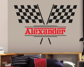 Personalized Name Wall Decal - Racing Flags Wall Decal - Boys Kids Bedroom Vinyl Wall Decor