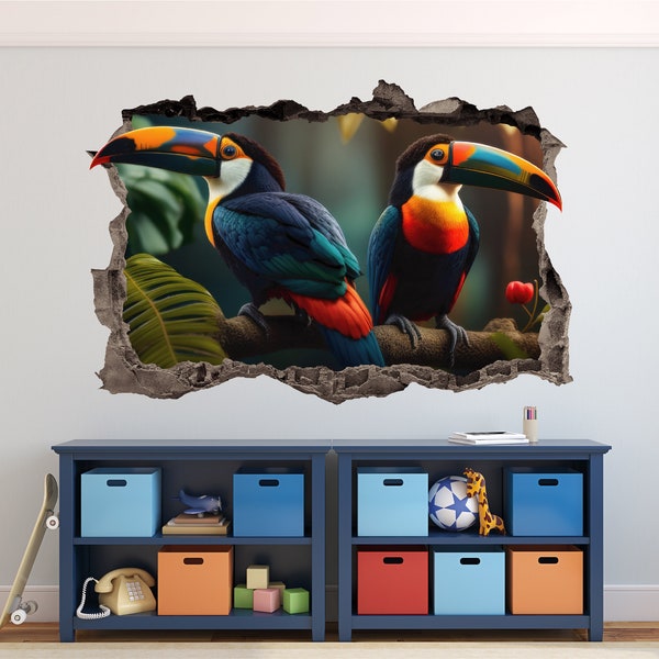 Tropical Birds Wall Decal 3D AI Graphic Wall Art Sticker, Wall Decor, Toucan Wall Sticker Mural Poster Custom Vinyl Kids Bedroom Gift