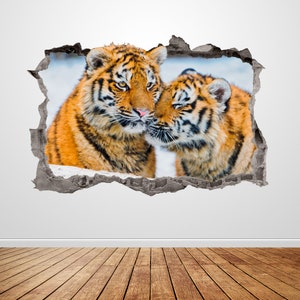 Tigers Wall Decal Smashed 3D Graphic Animal Wall Sticker Art Mural Poster Custom Vinyl Room Decor Gift