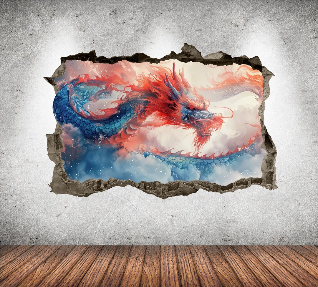 Dragon Wall Decal Smashed 3D Graphic Mystical Asian Dragon Wall Sticker ...