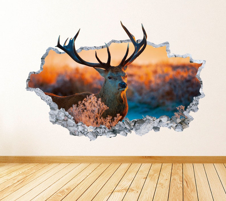 Deer Wall Decal Smashed Concrete Wall Art Decal Hunting Deer Sunset Wall Decor Bedroom Vinyl Wall Sticker