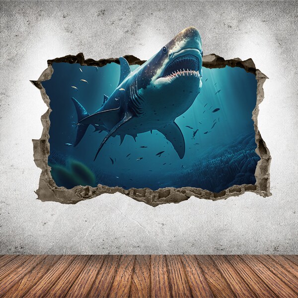 White Shark Wall Decal Smashed 3D Graphic Sealife Animal Wall Art Sticker White Shark Mural Poster Custom Vinyl Home Room Decor Gift