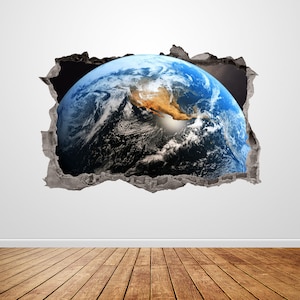 Earth Wall Decal Smashed 3D Graphic Planet View Outer Space Wall Art Sticker Mural Poster Custom Vinyl Home Room Decor Gift