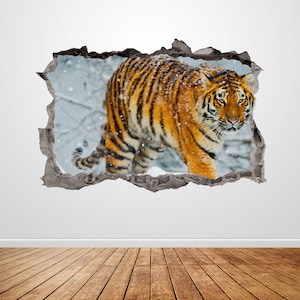 Tiger Wall Decal Smashed 3D Graphic Animal Wall Sticker Art Mural Poster Custom Vinyl Room Decor Gift