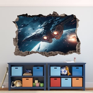Spacecraft Wall Decal 3D AI Graphic Wall Art Sticker, Wall Decor, Star Space Wall Sticker Mural Poster Custom Vinyl Kids Bedroom Gift
