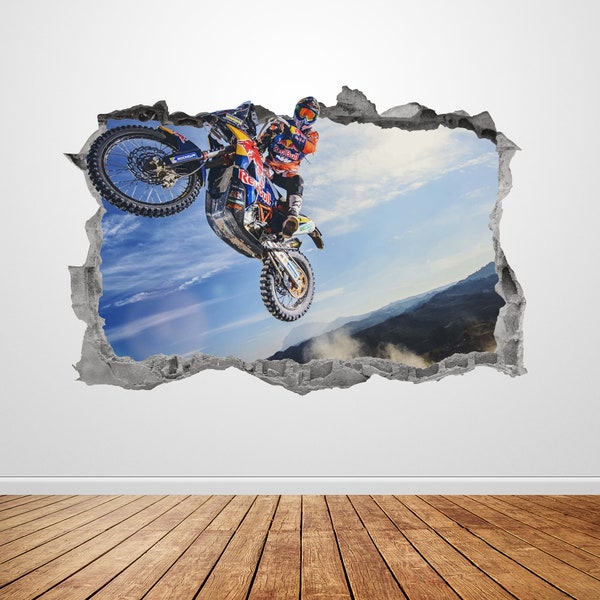 Motocross Wall Decal Smashed 3D Graphic Motorcycles Sports Wall Art Stickers Mural Poster Kids Room Boys Bedroom Decor Gift