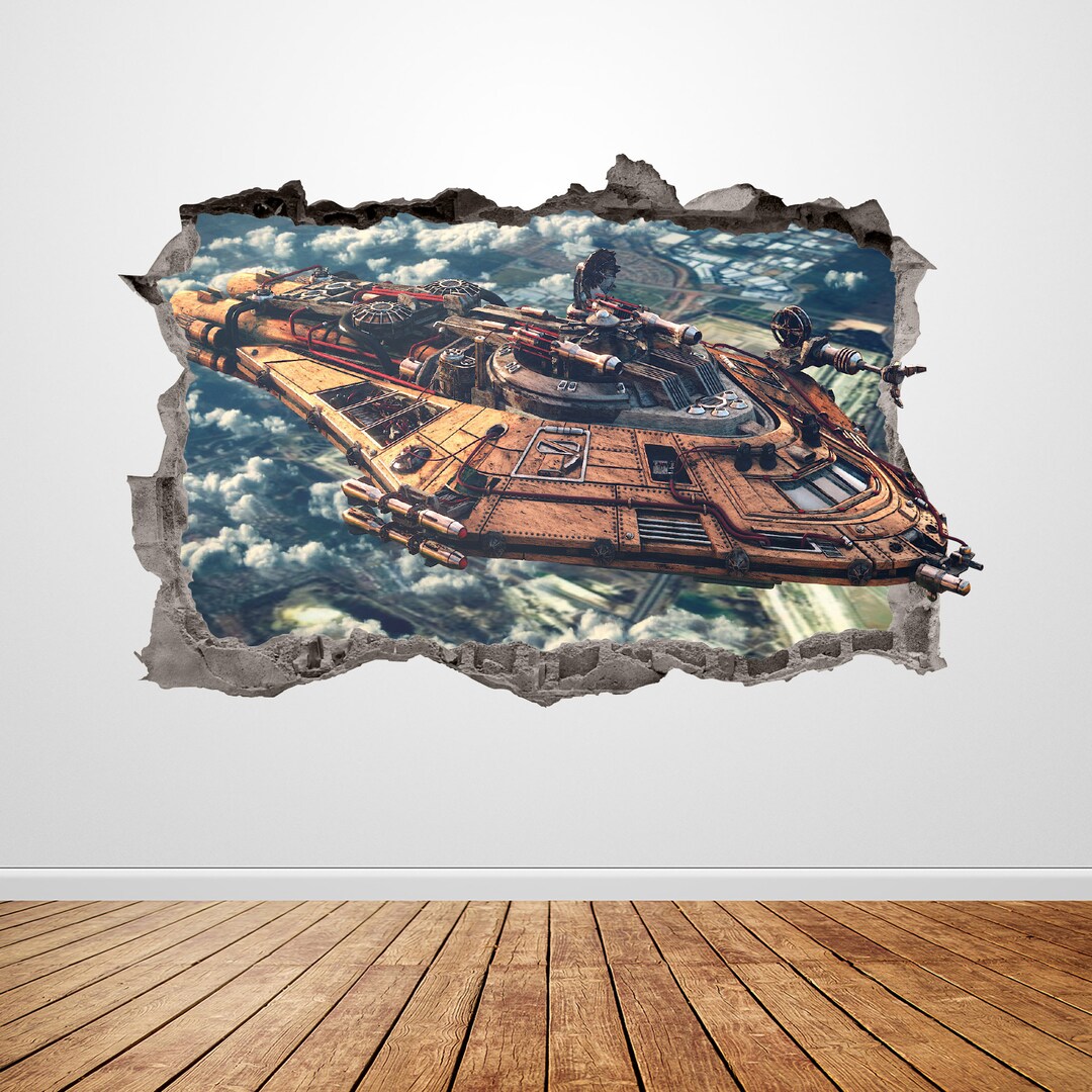 Spaceship Wall Decal Smashed 3D Graphic Spacecraft Outer Space Wall Art ...