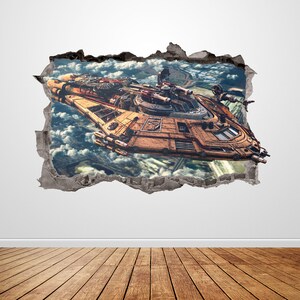 Spaceship Wall Decal Smashed 3D Graphic Spacecraft Outer Space Wall Art Sticker Mural Poster Custom Vinyl Home Room Decor Gift