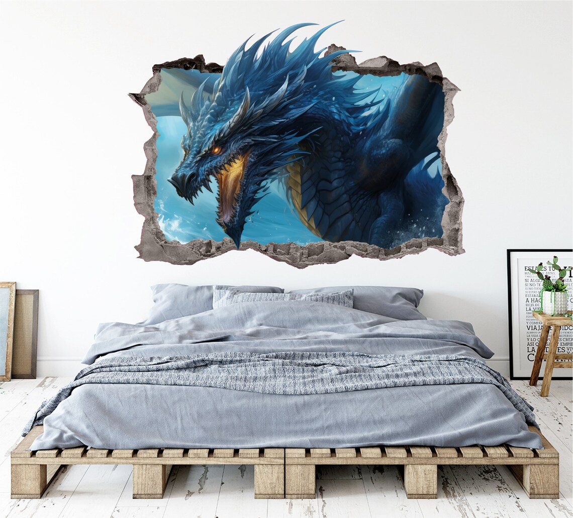 Dragon Wall Decal Smashed 3D Graphic Mystical Blue Dragon Wall Sticker ...