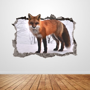 Fox Wall Decal Smashed 3D Graphic Snow Fox Wild Animal Wall Art Sticker Mural Poster Custom Vinyl Home Room Decor Gift