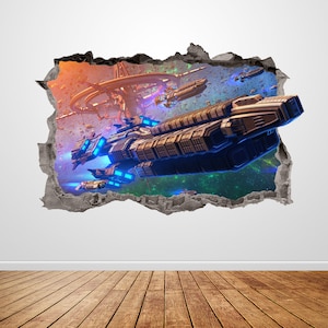 Spaceship Wall Decal Smashed 3D Graphic Outer Space Battle Galaxy Wall Art Sticker Mural Poster Custom Vinyl Home Room Decor Gift