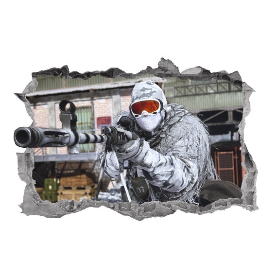 Sniper Wall Decal Smashed 3D Graphic Sniper Shooter Wall Art Sticker Mural  Poster Custom Home Boys Kids Room Decor Gift 