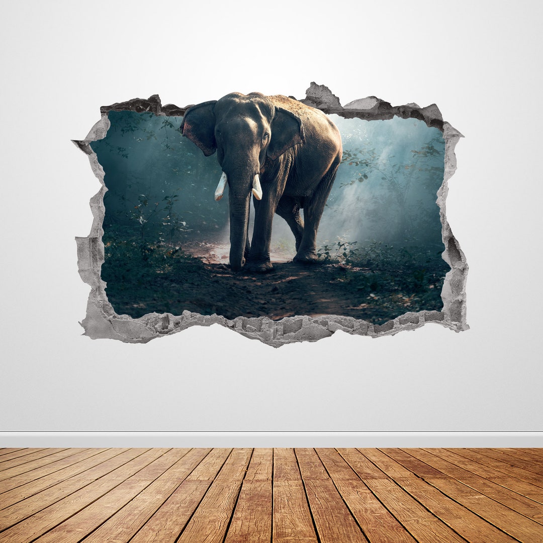 Elephant Wall Decal Smashed 3D Graphic Jungle Animal Wall Art Sticker ...