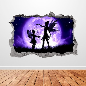 Fairy Wall Decal Smashed 3D Graphic Magical Fantasy Enchanted Forest Wall Art Stickers Mural Poster Kids Room Girls Bedroom Decor Gift