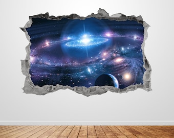Galaxy Wall Decal Smashed 3D Graphic Outer Space Wall Art Stickers Mural Poster Kids Room Bedroom Decor Gift