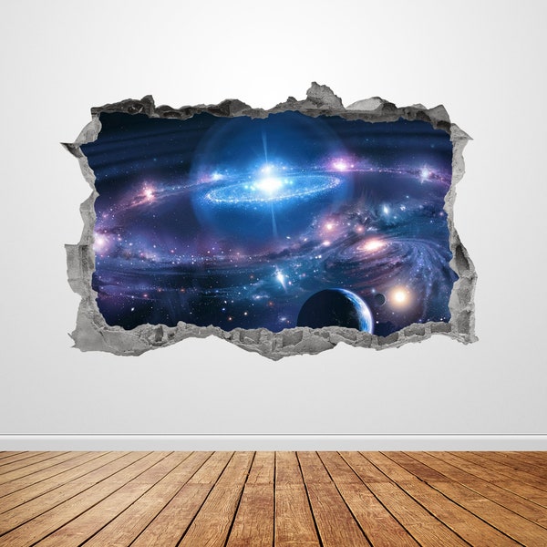 Galaxy Wall Decal Smashed 3D Graphic Outer Space Wall Art Stickers Mural Poster Kids Room Bedroom Decor Gift