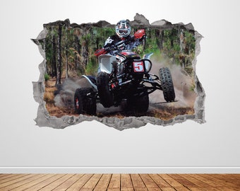 Quad Wall Decal Smashed 3D Graphic Off Road Sports Quad Bike Wall Art Sticker Mural Poster Custom Vinyl Home Kids Boys Room Decor Gift